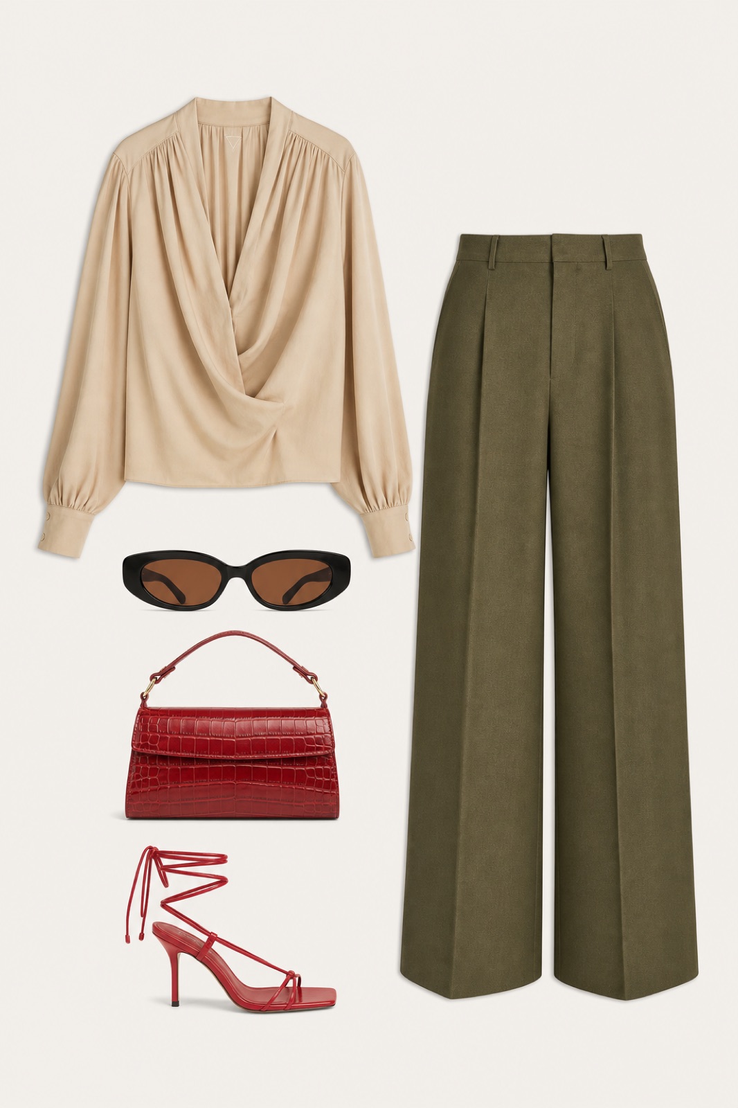Outfit with Olive Blouse, Green Wide-Leg Wool Trousers, Red Lace-Up Heeled Sandals curated by @dopasnap