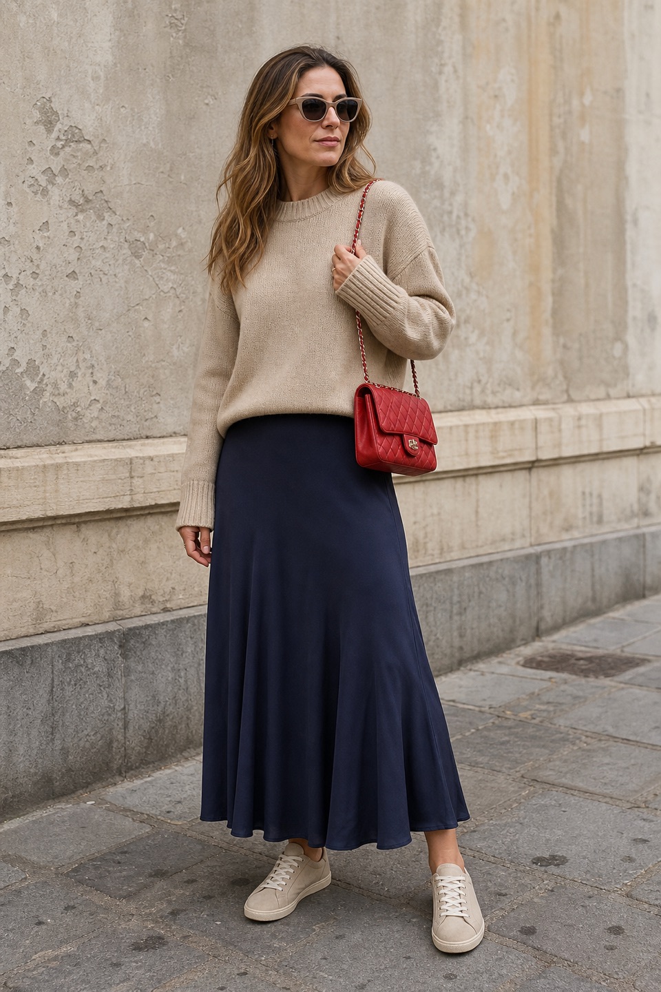 Outfit with Beige Sweater, Navy Silk Flared Skirt, Suede Low-Top Sneakers curated by @dopasnap