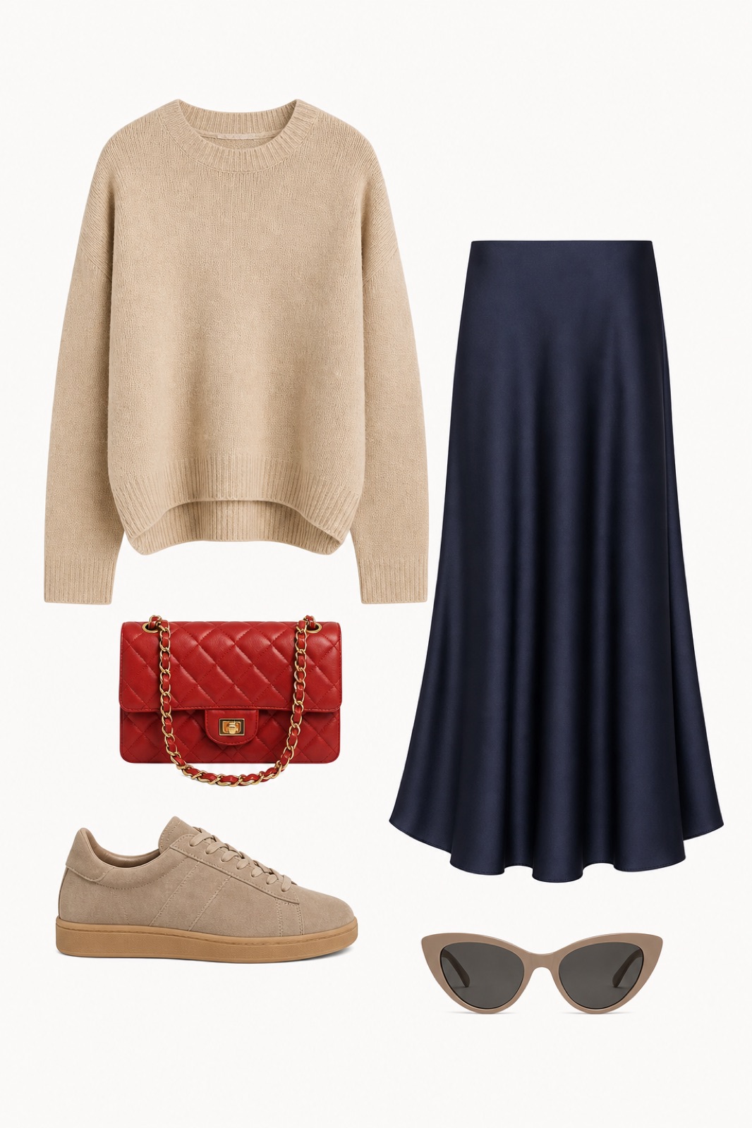 Outfit with Beige Sweater, Navy Silk Flared Skirt, Suede Low-Top Sneakers curated by @dopasnap
