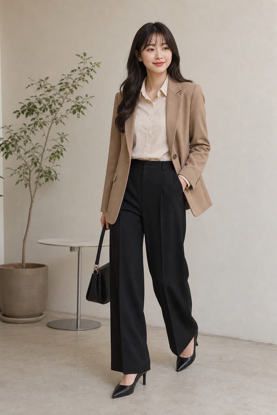 Outfit with Black Wide Leg Dress Work Pants for Women Business Casual Office, Taupe Blazers for Women Business Casual, Beige Cream Button Down Shirt Women Long Sleeve Work Collared Shirt curated by @dopasnap