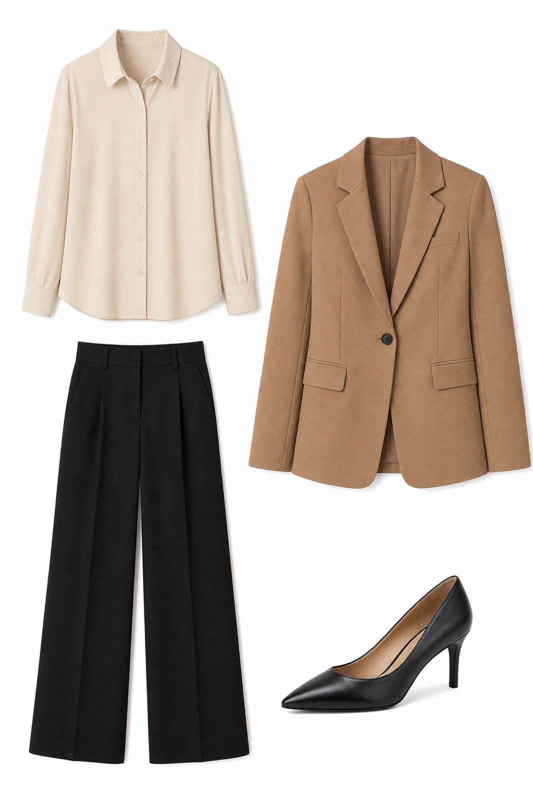 Outfit with Black Wide Leg Dress Work Pants for Women Business Casual Office, Taupe Blazers for Women Business Casual, Beige Cream Button Down Shirt Women Long Sleeve Work Collared Shirt curated by @dopasnap