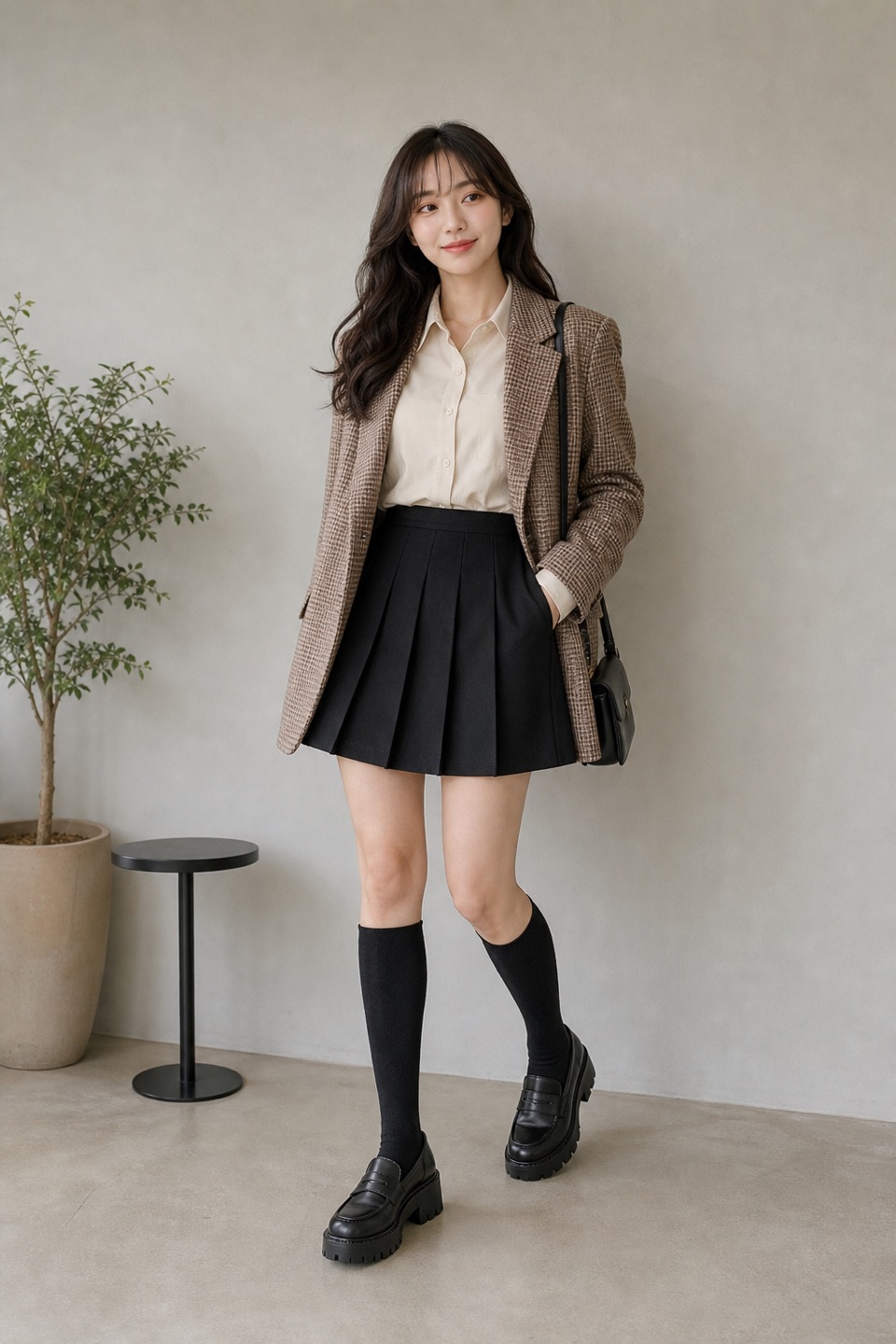 Outfit with Black Womens Loafers Platform Chunky Penny Loafer Office Business, Beige Cream Button Down Shirt Women Long Sleeve Work Collared Shirt, Women's Plaid Blazers Brown Houndstooth Large curated by @dopasnap