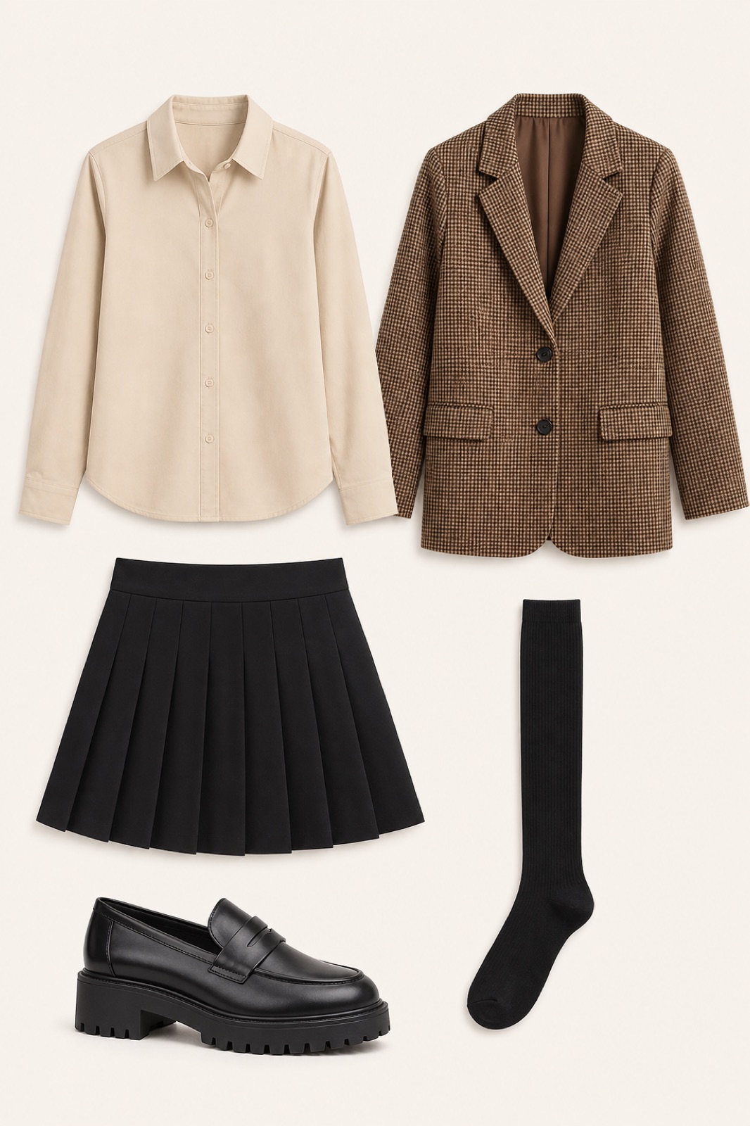 Outfit with Black Womens Loafers Platform Chunky Penny Loafer Office Business, Beige Cream Button Down Shirt Women Long Sleeve Work Collared Shirt, Women's Plaid Blazers Brown Houndstooth Large curated by @dopasnap