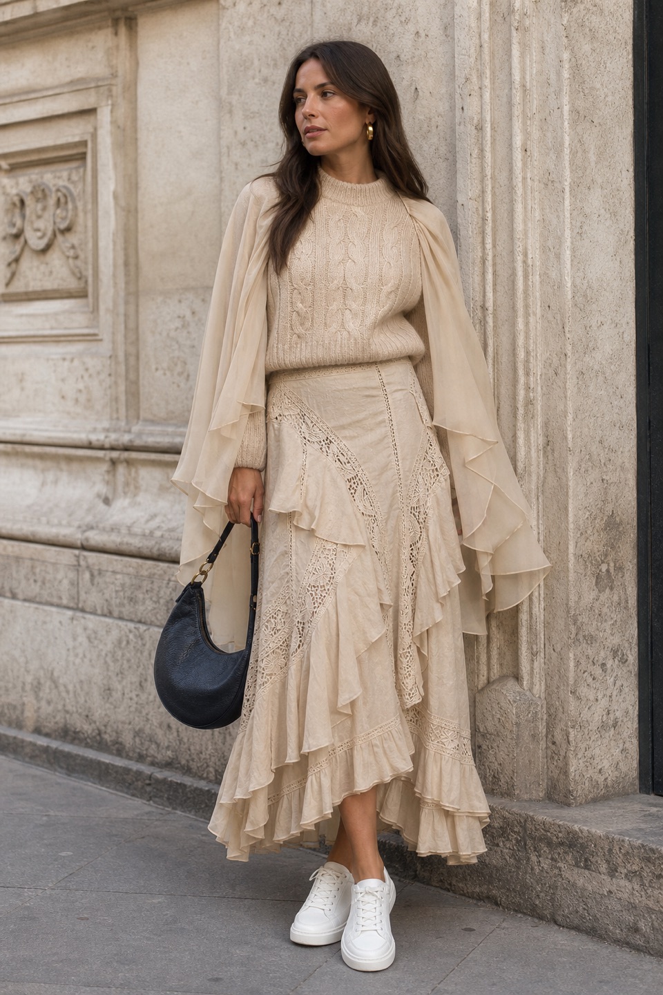 Outfit with Beige Cable-Knit Sweater, Beige Skirt, White Sneakers curated by @dopasnap