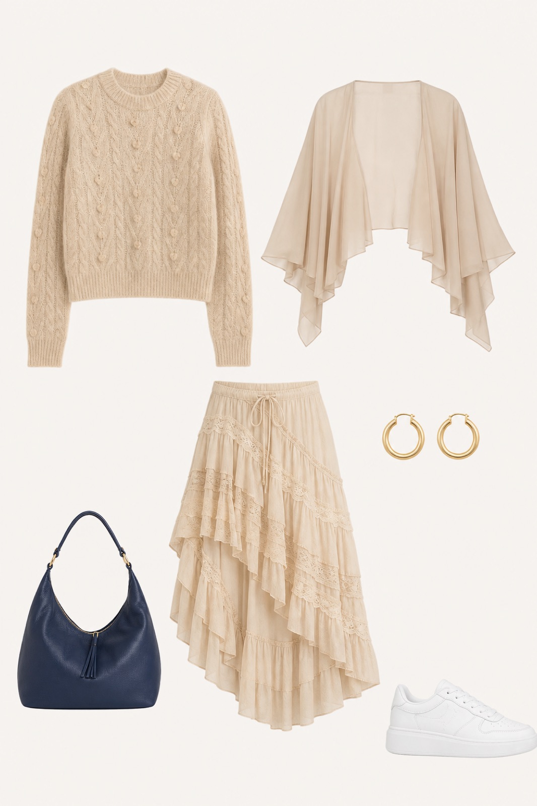 Outfit with Beige Cable-Knit Sweater, Beige Skirt, White Sneakers curated by @dopasnap