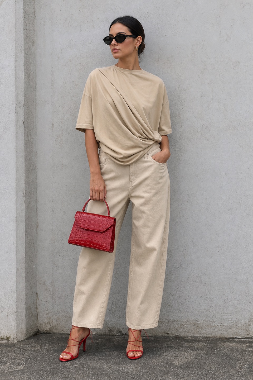 Outfit with Beige Draped Cotton T-shirt, Beige Baggy Cotton Satin Jeans, red LACE UP HEEL sandals curated by @dopasnap