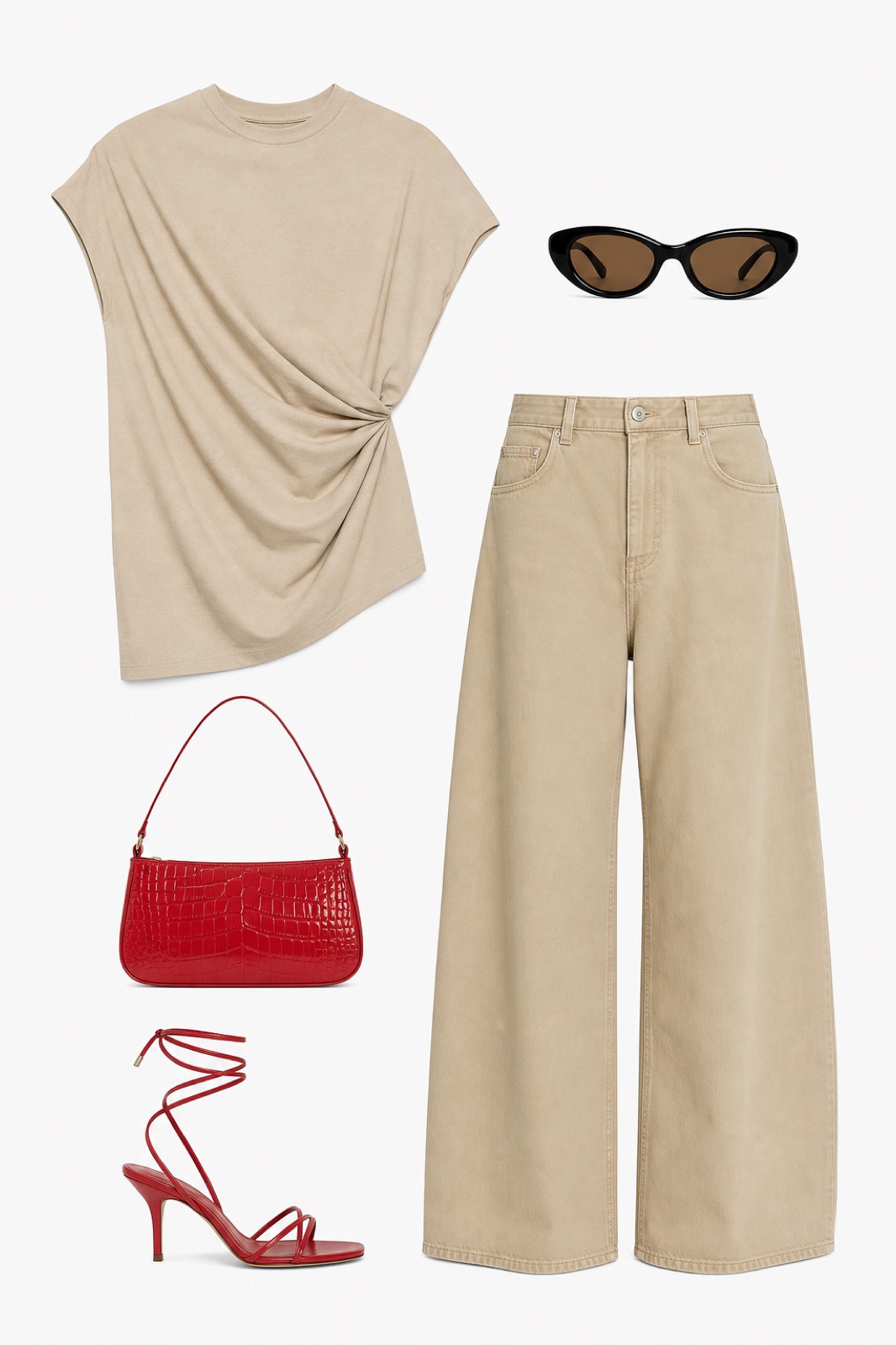 Outfit with Beige Draped Cotton T-shirt, Beige Baggy Cotton Satin Jeans, red LACE UP HEEL sandals curated by @dopasnap
