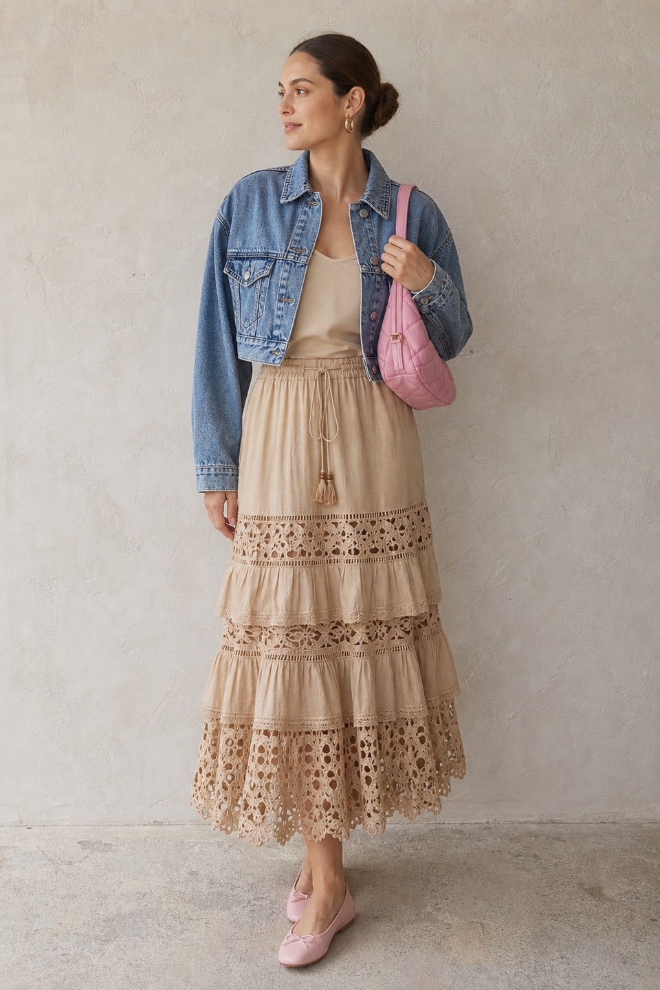 Outfit with Beige Silk Tank Top, Beige Skirt, Pink ballet flat slipper shoe curated by @dopasnap