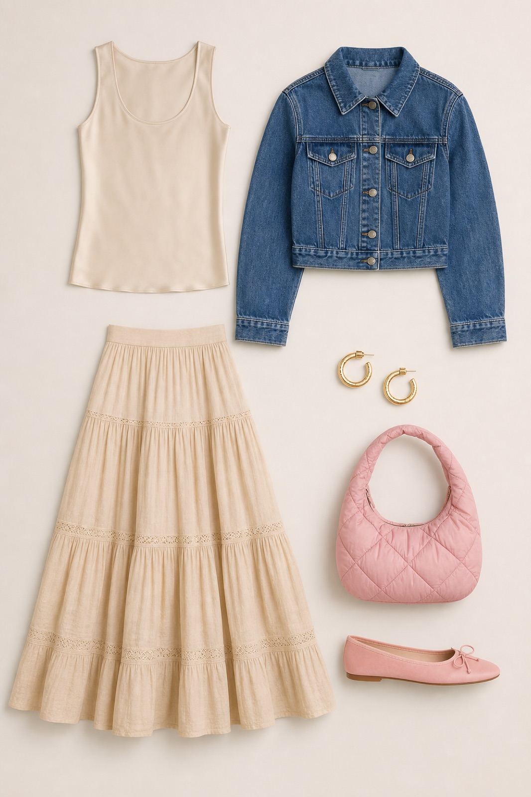 Outfit with Beige Silk Tank Top, Beige Skirt, Pink ballet flat slipper shoe curated by @dopasnap