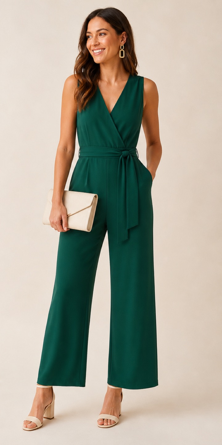 Outfit with Emerald sleeveless belted jumpsuit, Cream block-heel sandals, Ivory envelope clutch curated by @dopasnap