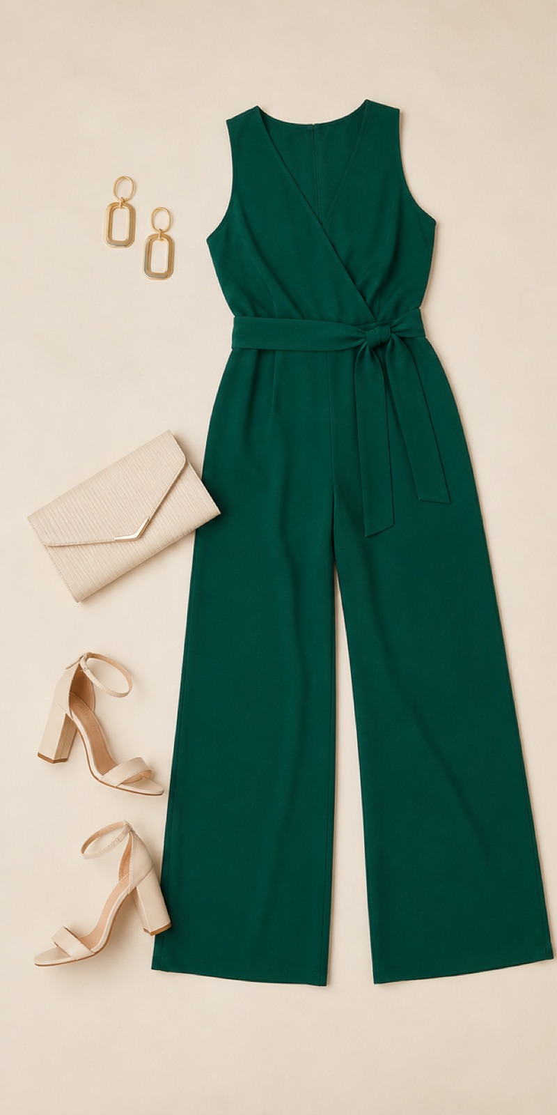Outfit with Emerald sleeveless belted jumpsuit, Cream block-heel sandals, Ivory envelope clutch curated by @dopasnap