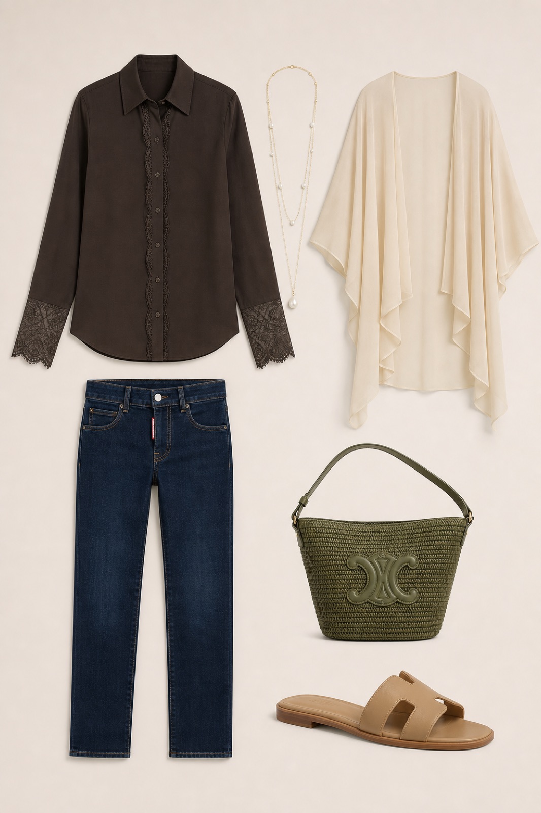Outfit with Espresso Lace-Trim Wool Shirt, Navy Mini Jeans, Leather Slide Sandals curated by @dopasnap