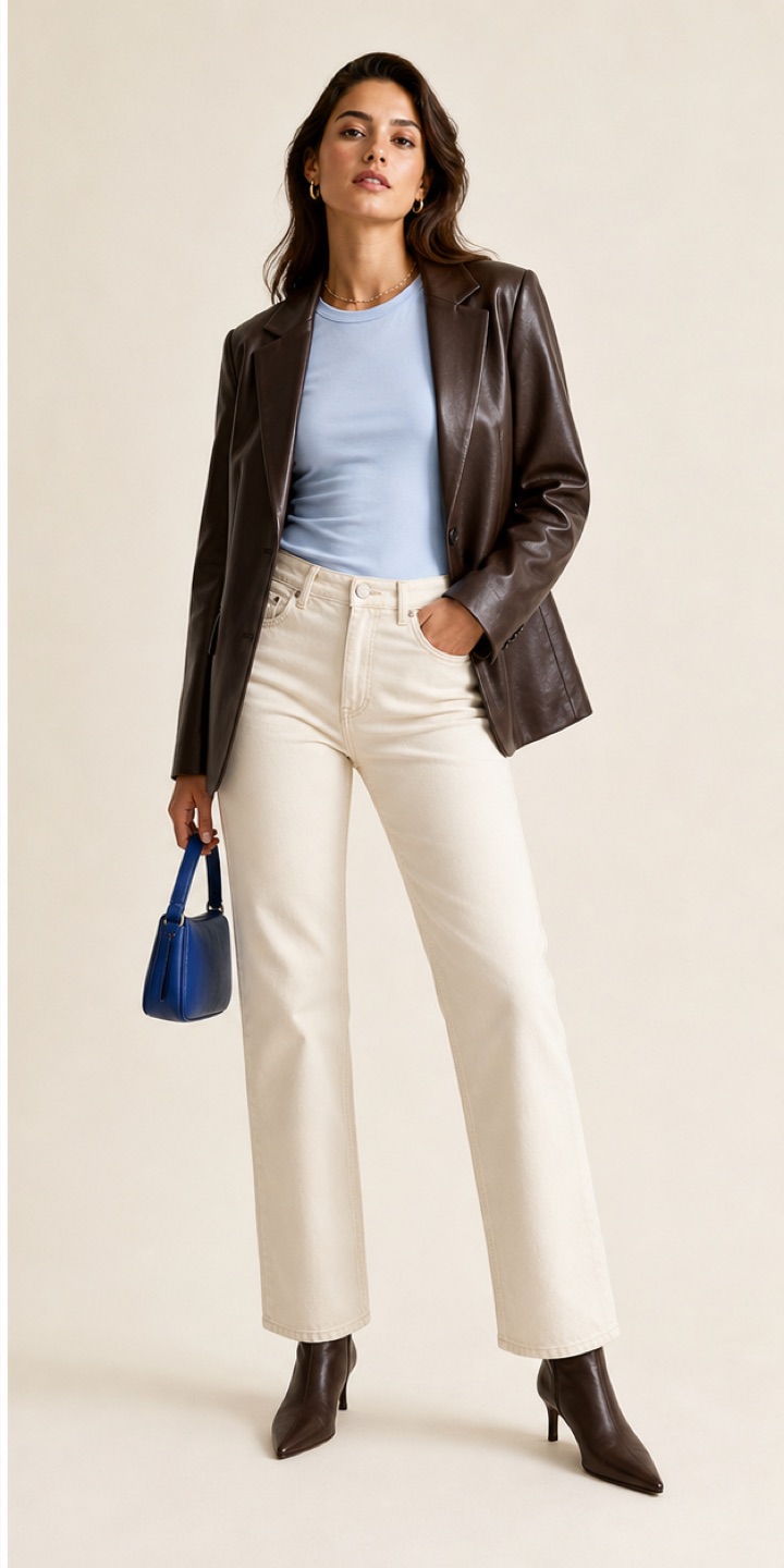 Outfit with Espresso faux-leather blazer, Pale-blue fitted T-shirt, Ecru straight-leg jeans curated by @dopasnap