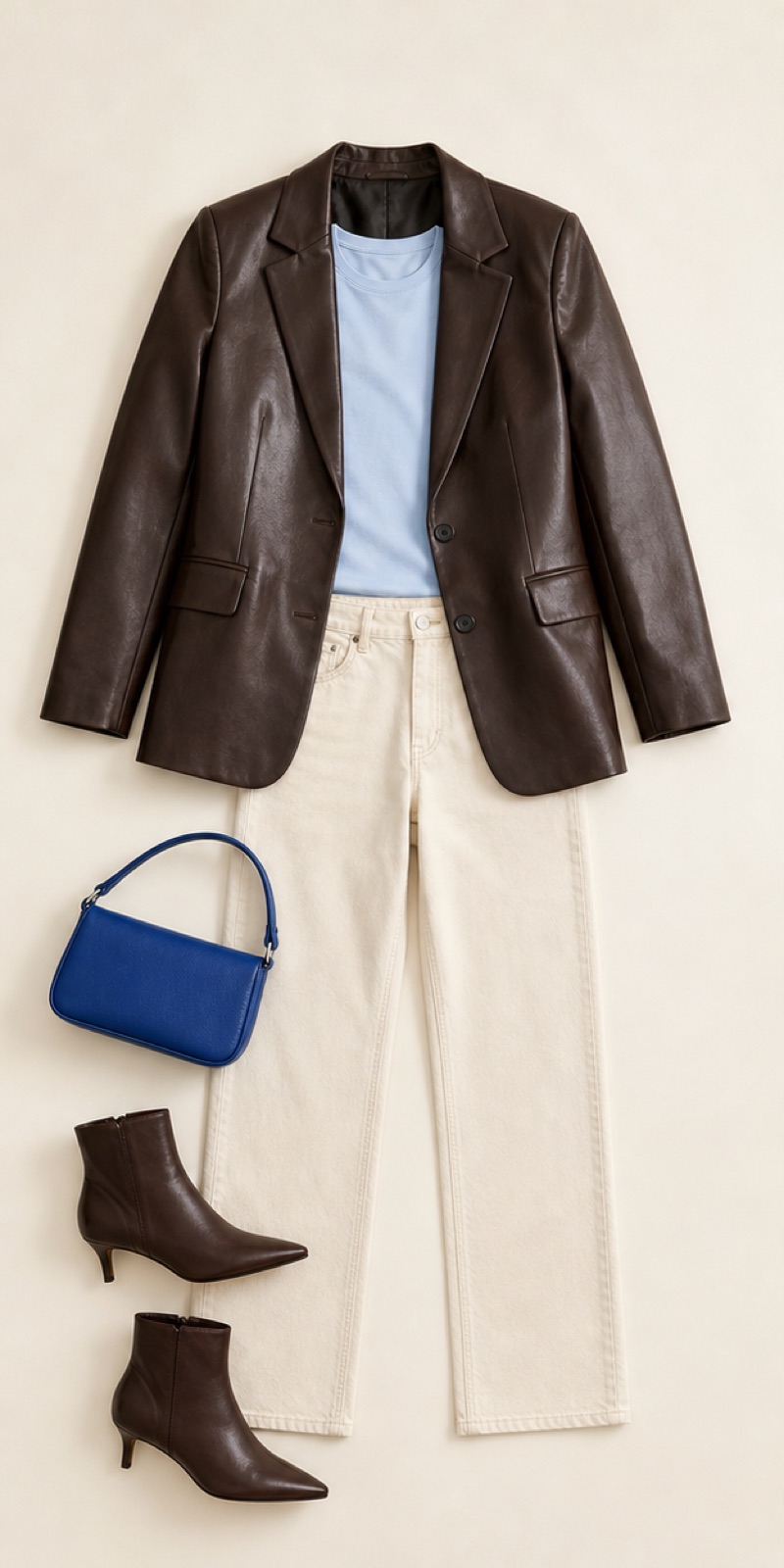 Outfit with Espresso faux-leather blazer, Pale-blue fitted T-shirt, Ecru straight-leg jeans curated by @dopasnap