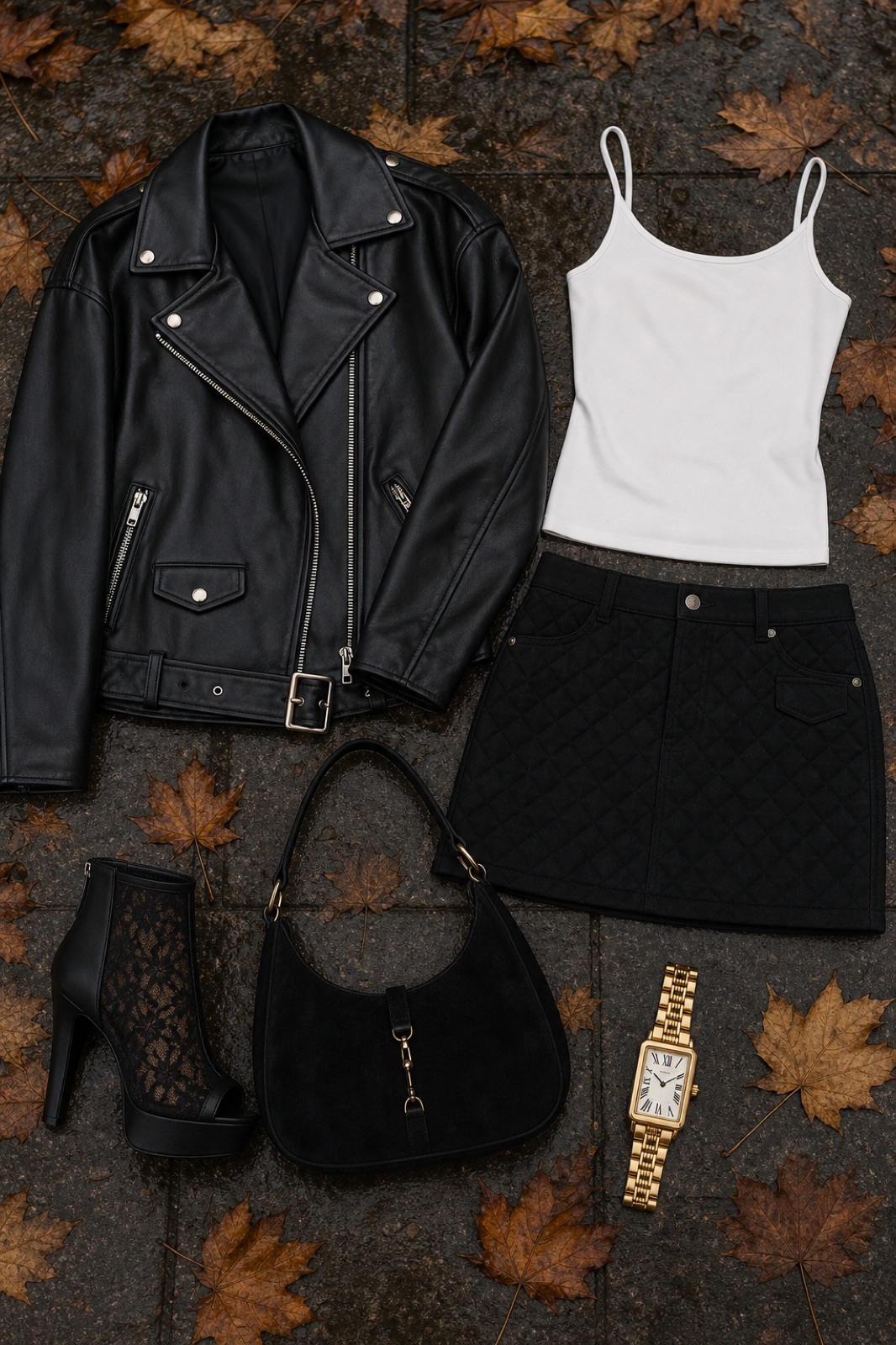 Outfit with White Camisole Tank Top, Black Quilted Cotton Mini Skirt, Black Oversized Faux-Leather Moto Jacket curated by @dopasnap