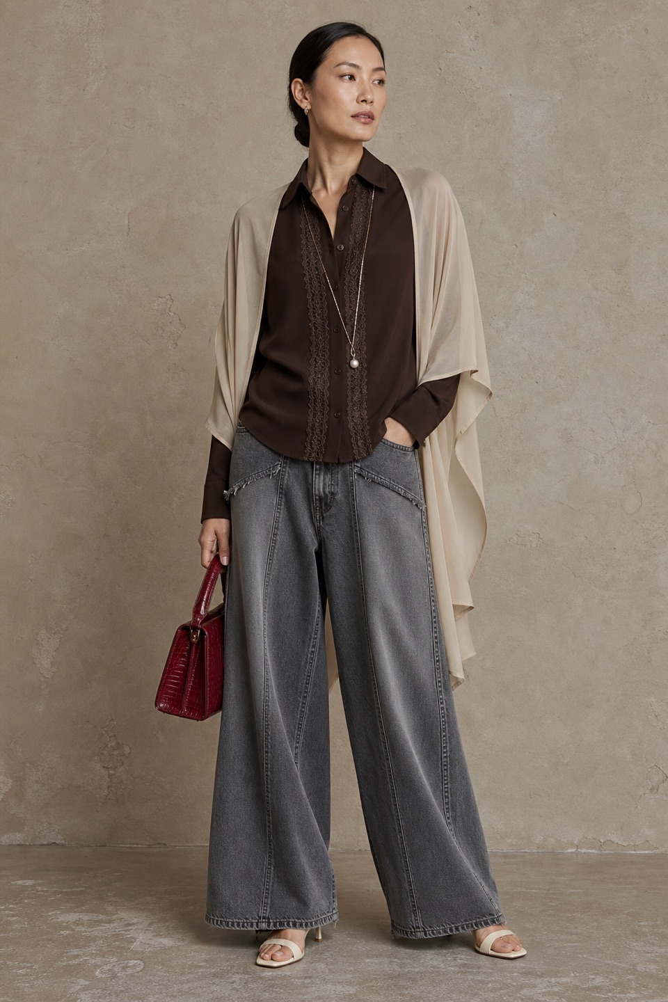 Outfit with Espresso Lace-Trim Wool Shirt, Gray Wide-Leg Denim Jeans, Cream Strappy Heeled Sandals curated by @dopasnap