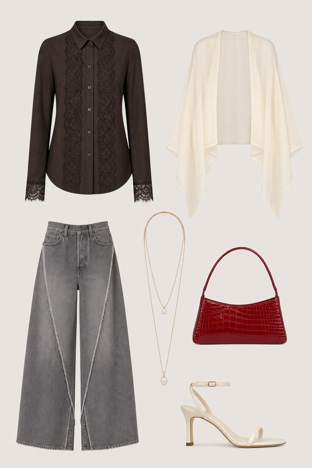 Outfit with Espresso Lace-Trim Wool Shirt, Gray Wide-Leg Denim Jeans, Cream Strappy Heeled Sandals curated by @dopasnap