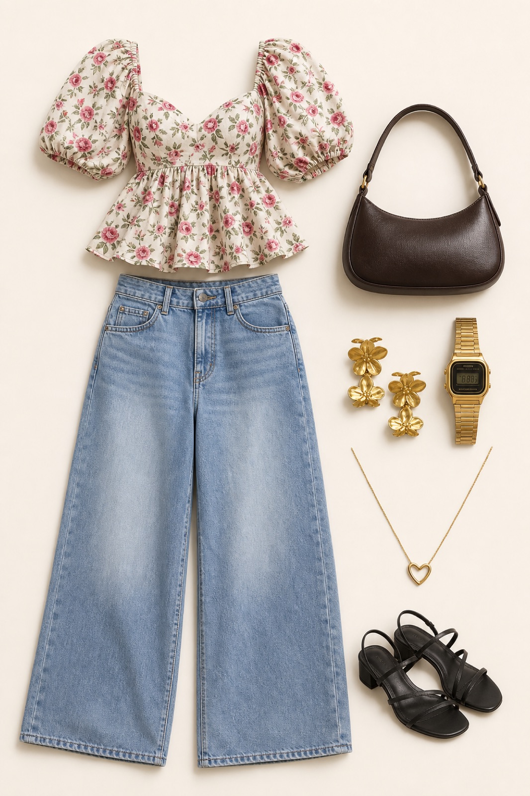 Outfit with Rose floral puff-sleeve sweetheart peplum blouse, Light-wash full-length wide-leg jeans, Chocolate-brown crescent shoulder bag curated by @dopasnap
