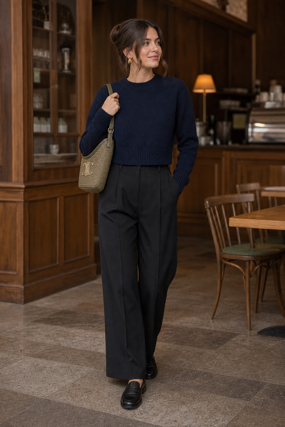 Outfit with Navy Wool Blend Cropped Sweater, black tall high-waist wide-leg trousers, Black leather loafers curated by @dopasnap
