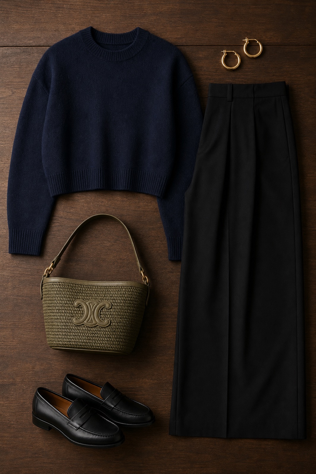 Outfit with Navy Wool Blend Cropped Sweater, black tall high-waist wide-leg trousers, Black leather loafers curated by @dopasnap