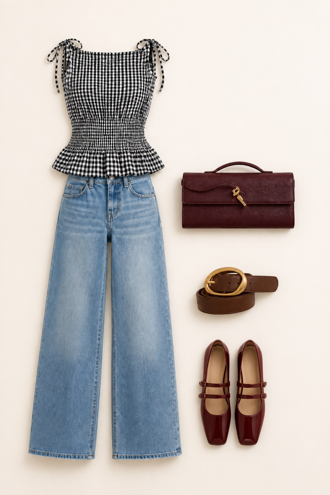 Outfit with Black-and-white gingham smocked peplum tie-shoulder top, Light-wash high-rise wide-leg jeans, Burgundy rectangular structured top-handle bag curated by @dopasnap