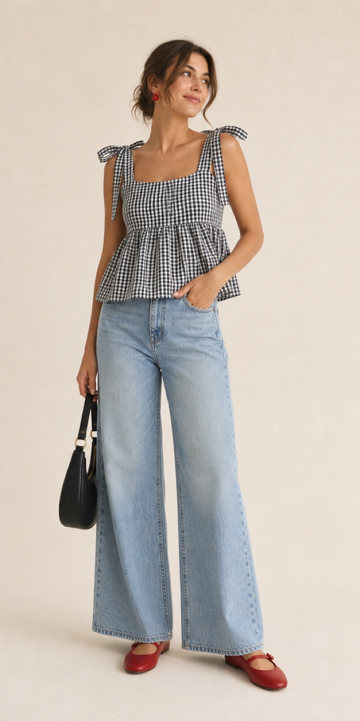 Outfit with Black-and-white gingham tie-strap peplum top, Light-wash high-rise wide-leg jeans, Red Mary Jane flats curated by @dopasnap