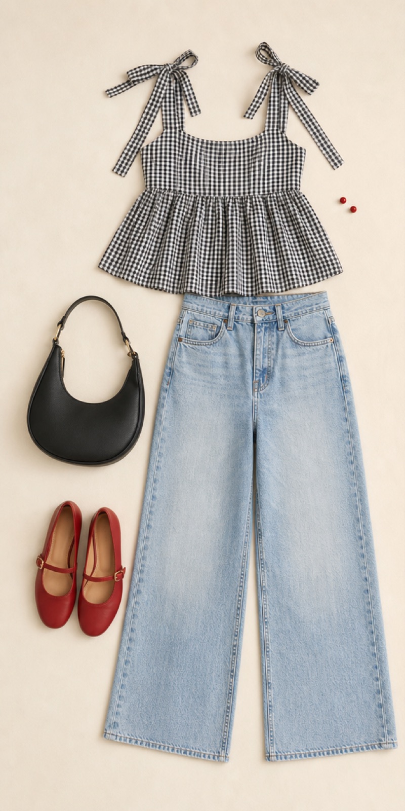 Outfit with Black-and-white gingham tie-strap peplum top, Light-wash high-rise wide-leg jeans, Red Mary Jane flats curated by @dopasnap