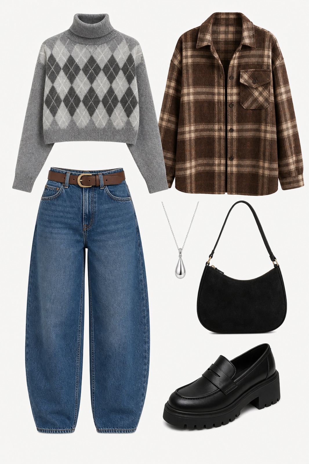 Outfit with Silver drop pendant necklace, Brown Belt women with Gold Buckle for Jeans Dress Leather Belts, Black Womens Loafers Platform Chunky Penny Loafer Office Business curated by @dopasnap