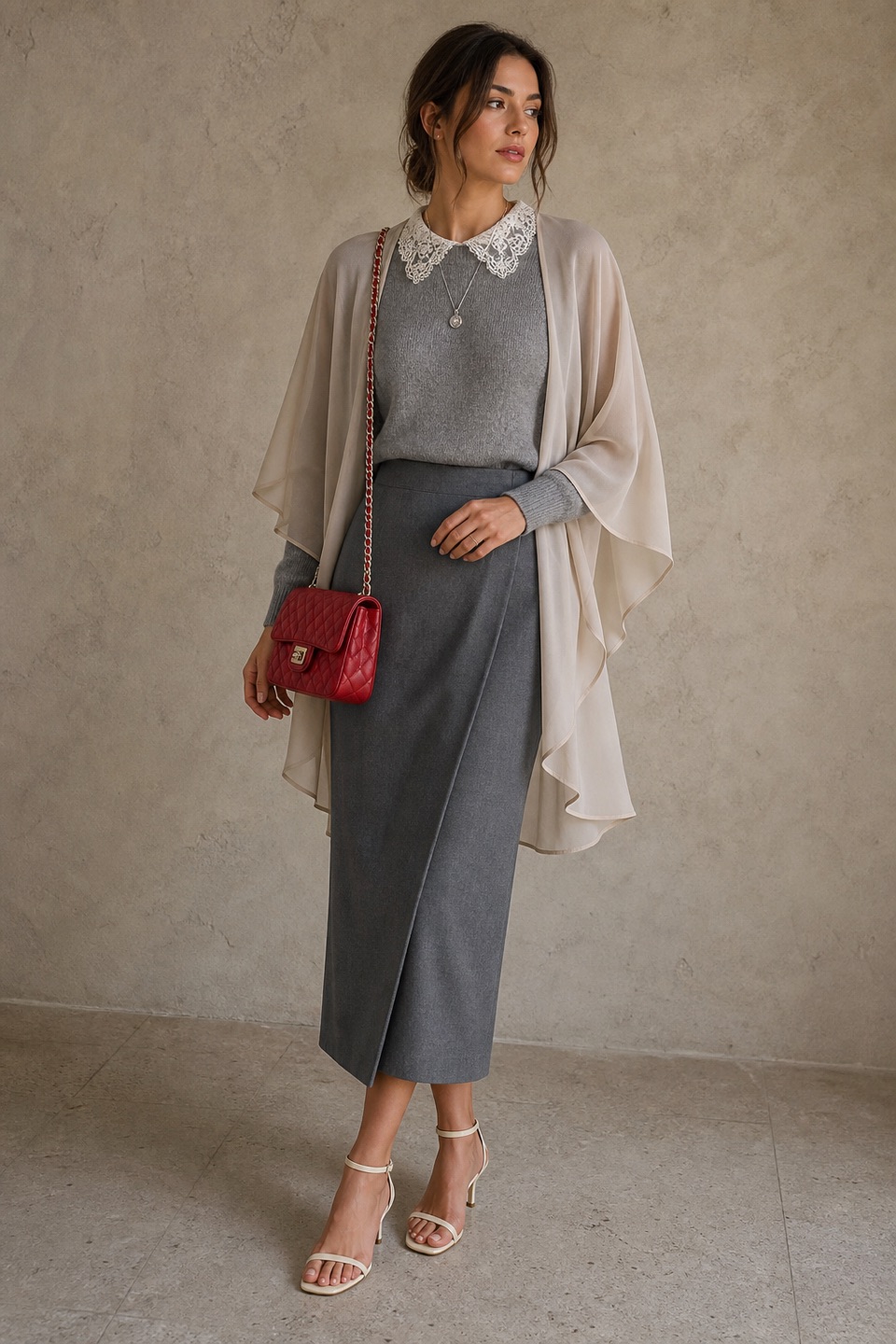 Outfit with Gray Lace-Collar Sweater, Gray Midi Skirt, Cream Strappy Heeled Sandals curated by @dopasnap