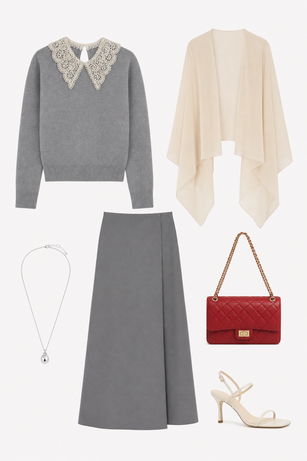 Outfit with Gray Lace-Collar Sweater, Gray Midi Skirt, Cream Strappy Heeled Sandals curated by @dopasnap