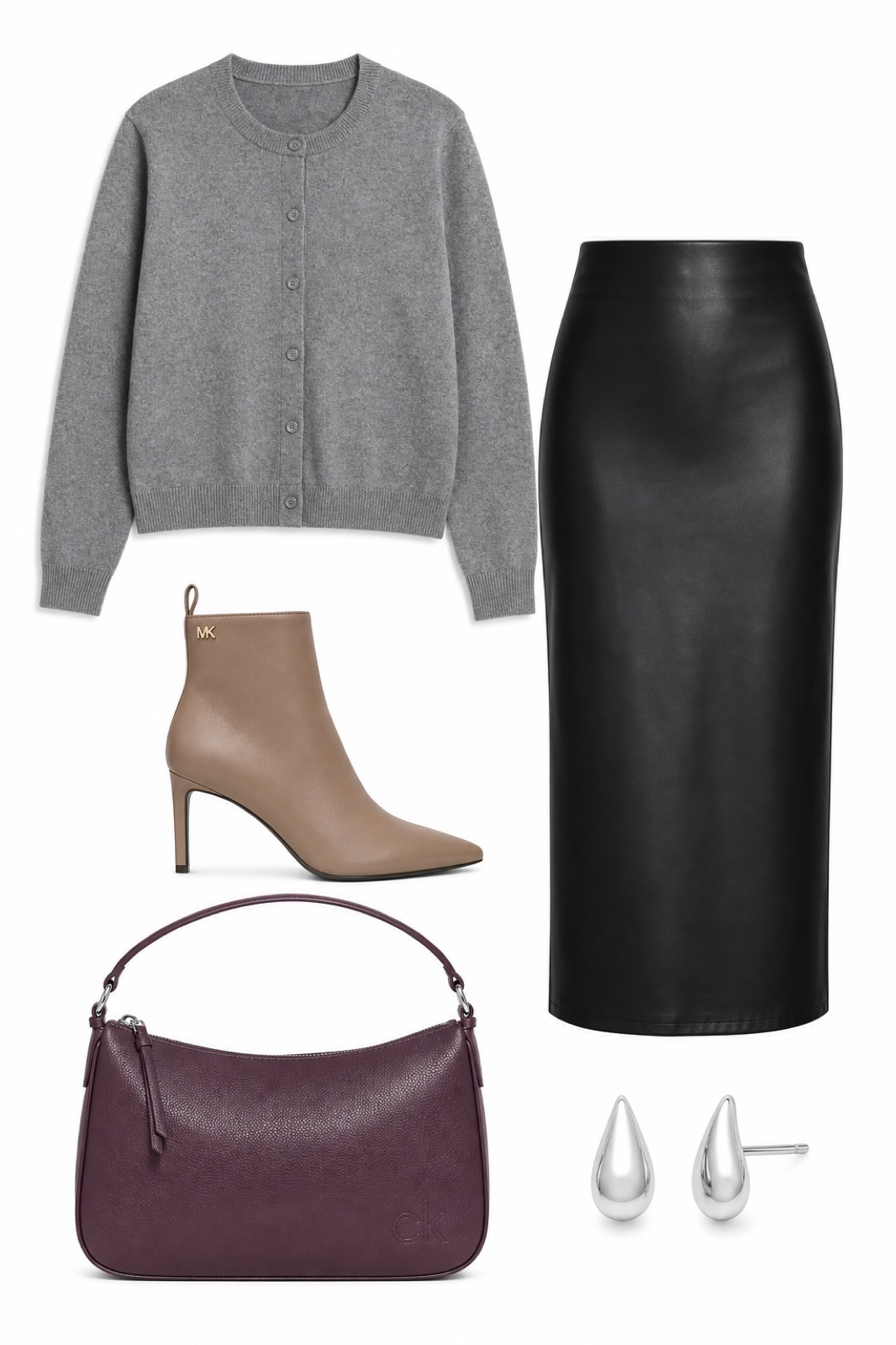 Outfit with Sterling Silver earrings, Gray Women's Fall Lightweight Cardigan Sweaters, Tan Women's Jayla Heeled Boot curated by @dopasnap