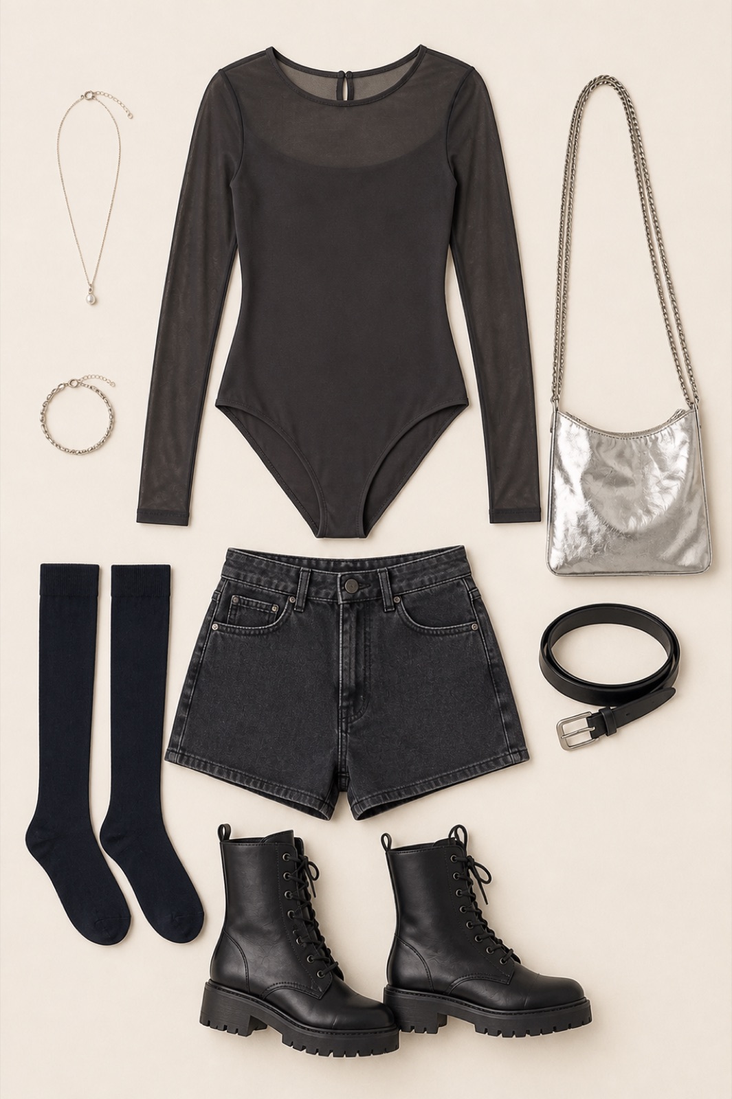 Outfit with Graphite Sheer-Sleeve Bodysuit, Washed Black Denim Shorts, Knee Socks curated by @dopasnap