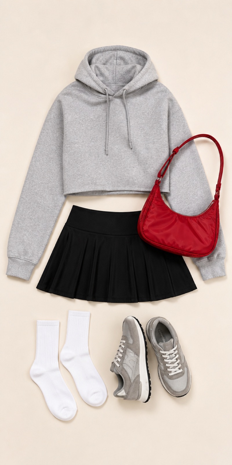 Outfit with Heather-gray cropped hoodie, Black tennis skirt, White crew socks curated by @dopasnap