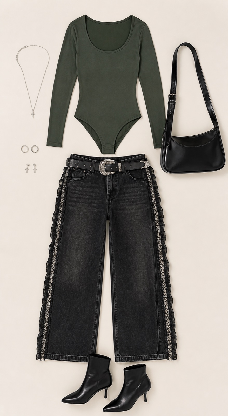 Outfit with Forest Green Bodysuit, Black Low-Rise Wide Jeans, Silver Western Belt curated by @dopasnap