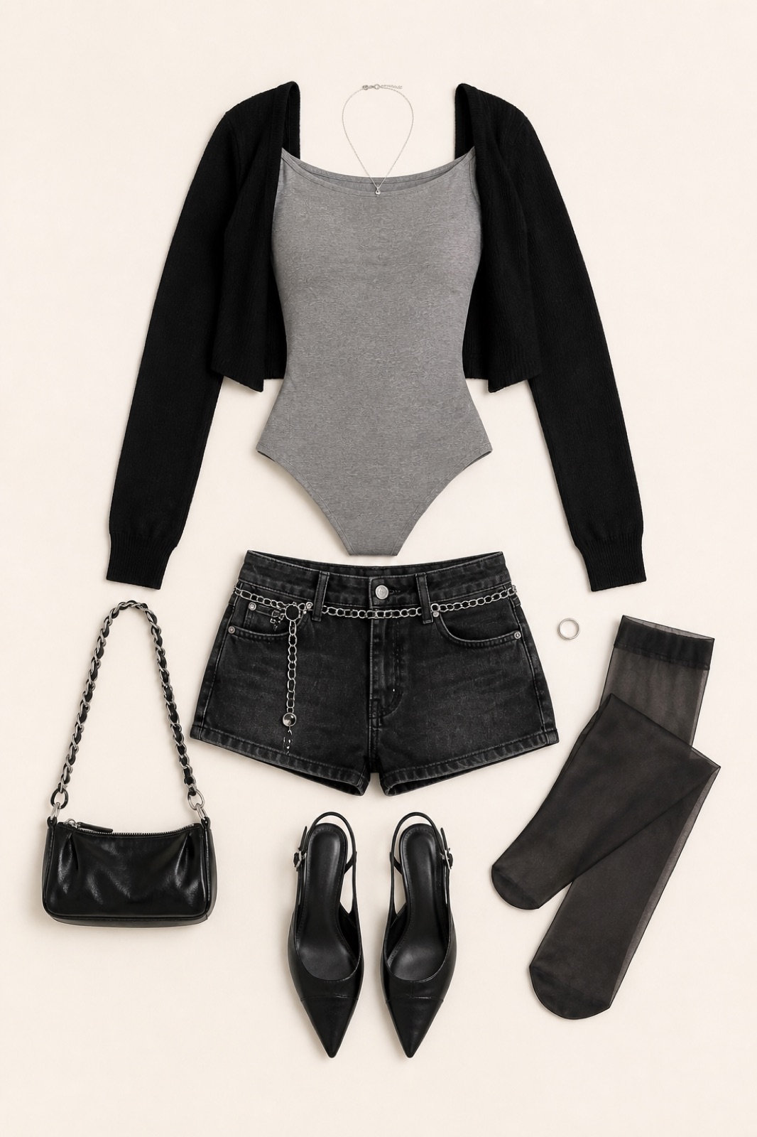 Outfit with Grey Boat-Neck Bodysuit, Cropped Black Cardigan, Dark Denim Shorts curated by @dopasnap