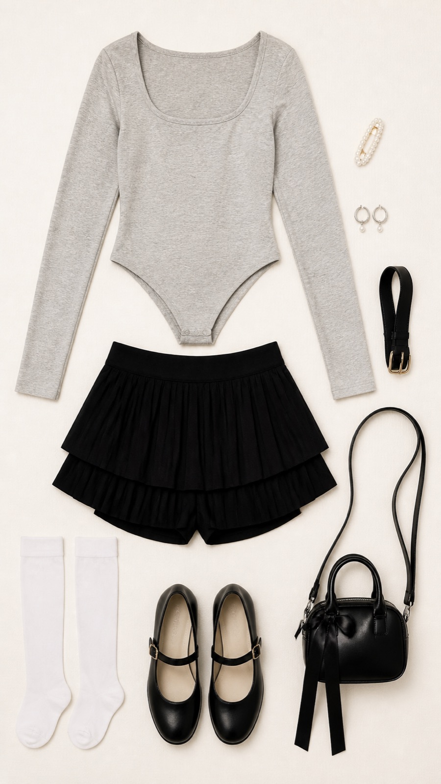 Outfit with Pale Grey Square-Neck Bodysuit, Black Pleated Ruffle Skirt With Safety Shorts, White Knee Socks curated by @dopasnap
