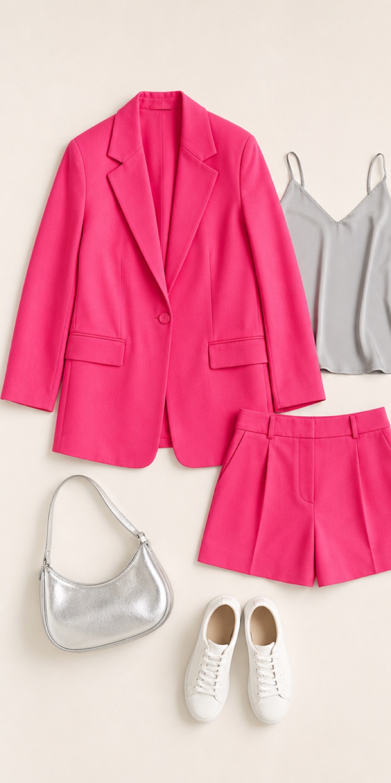 Outfit with Hot-pink oversized blazer, Hot-pink tailored shorts, Soft-gray satin camisole curated by @dopasnap