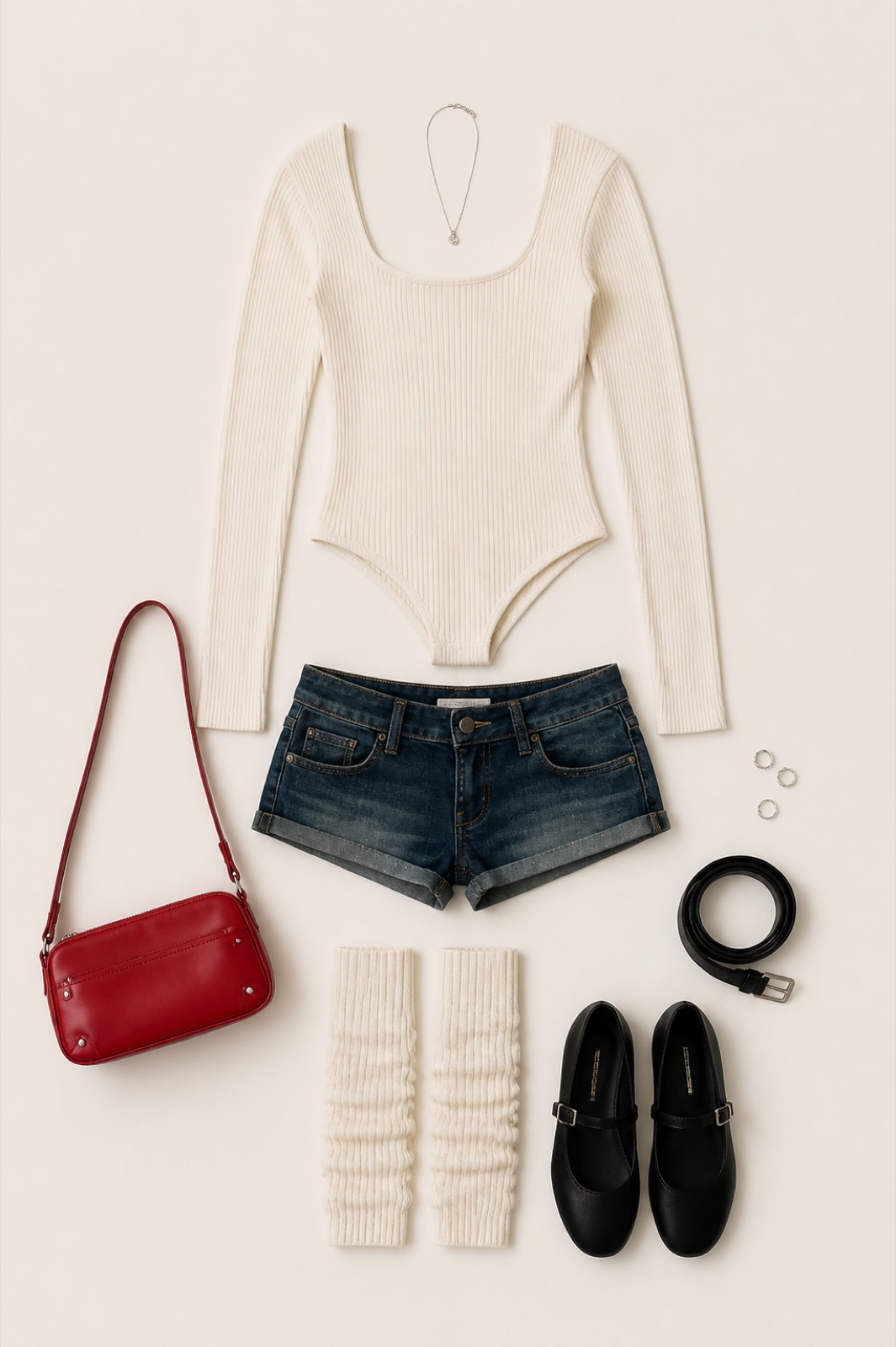 Outfit with Ivory Ribbed Bodysuit, Indigo Denim Shorts, Cream Leg Warmers curated by @dopasnap