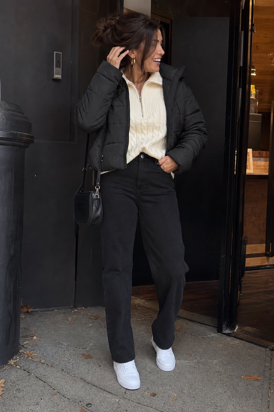 Outfit with Ivory Women's Oversized Quarter Zip Sweaters Cable Knit Fall Chunky, Womens White Tennis Shoes PU Leather Casual Sneakers(White, Women's Cropped Puffer Jacket Warm Quilted Jackets Black M curated by @dopasnap