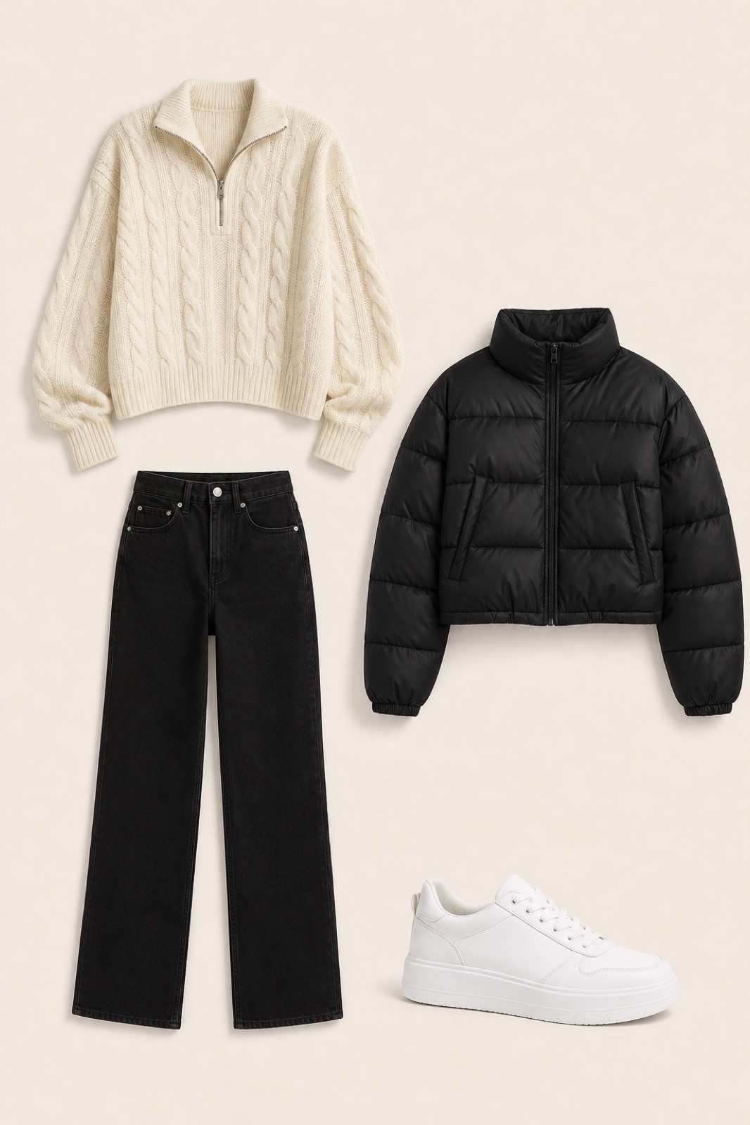 Outfit with Ivory Women's Oversized Quarter Zip Sweaters Cable Knit Fall Chunky, Womens White Tennis Shoes PU Leather Casual Sneakers(White, Women's Cropped Puffer Jacket Warm Quilted Jackets Black M curated by @dopasnap
