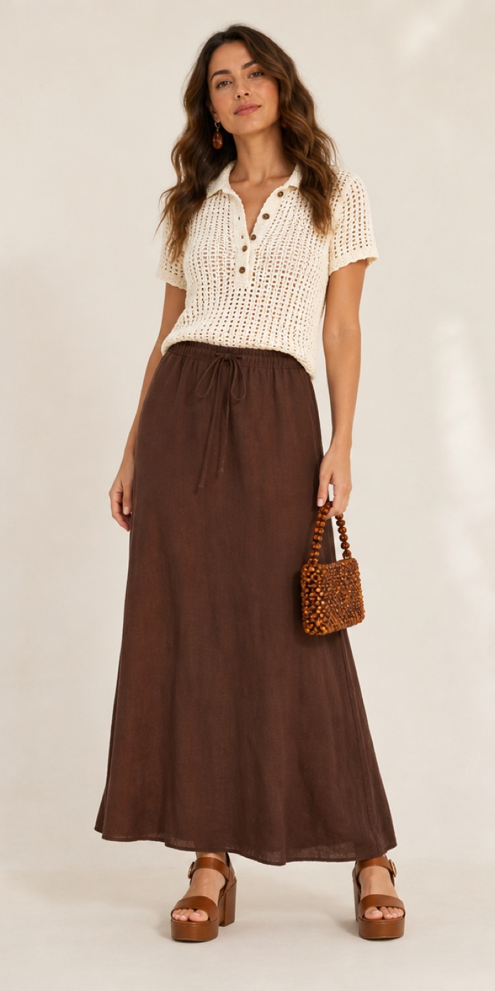 Outfit with Ivory crochet polo top, Chocolate linen maxi skirt, Cognac platform sandals curated by @dopasnap