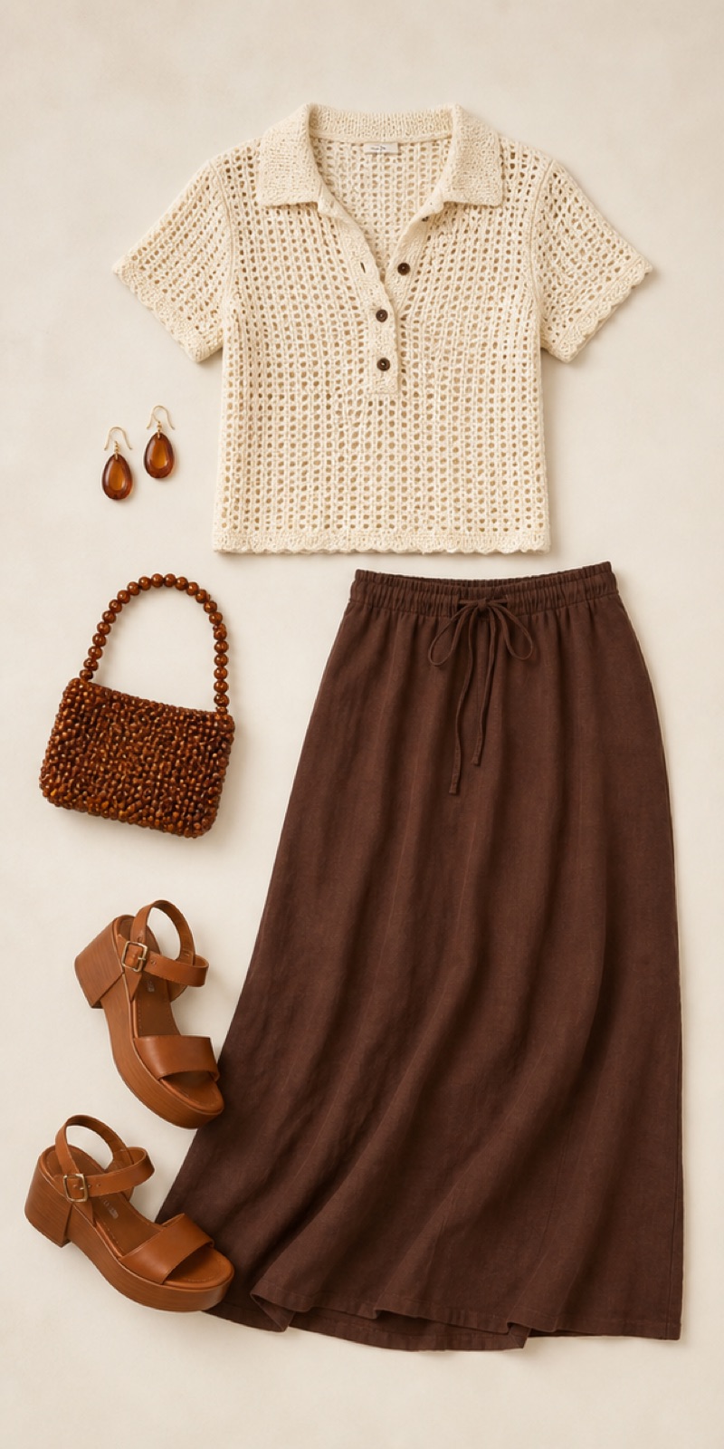 Outfit with Ivory crochet polo top, Chocolate linen maxi skirt, Cognac platform sandals curated by @dopasnap