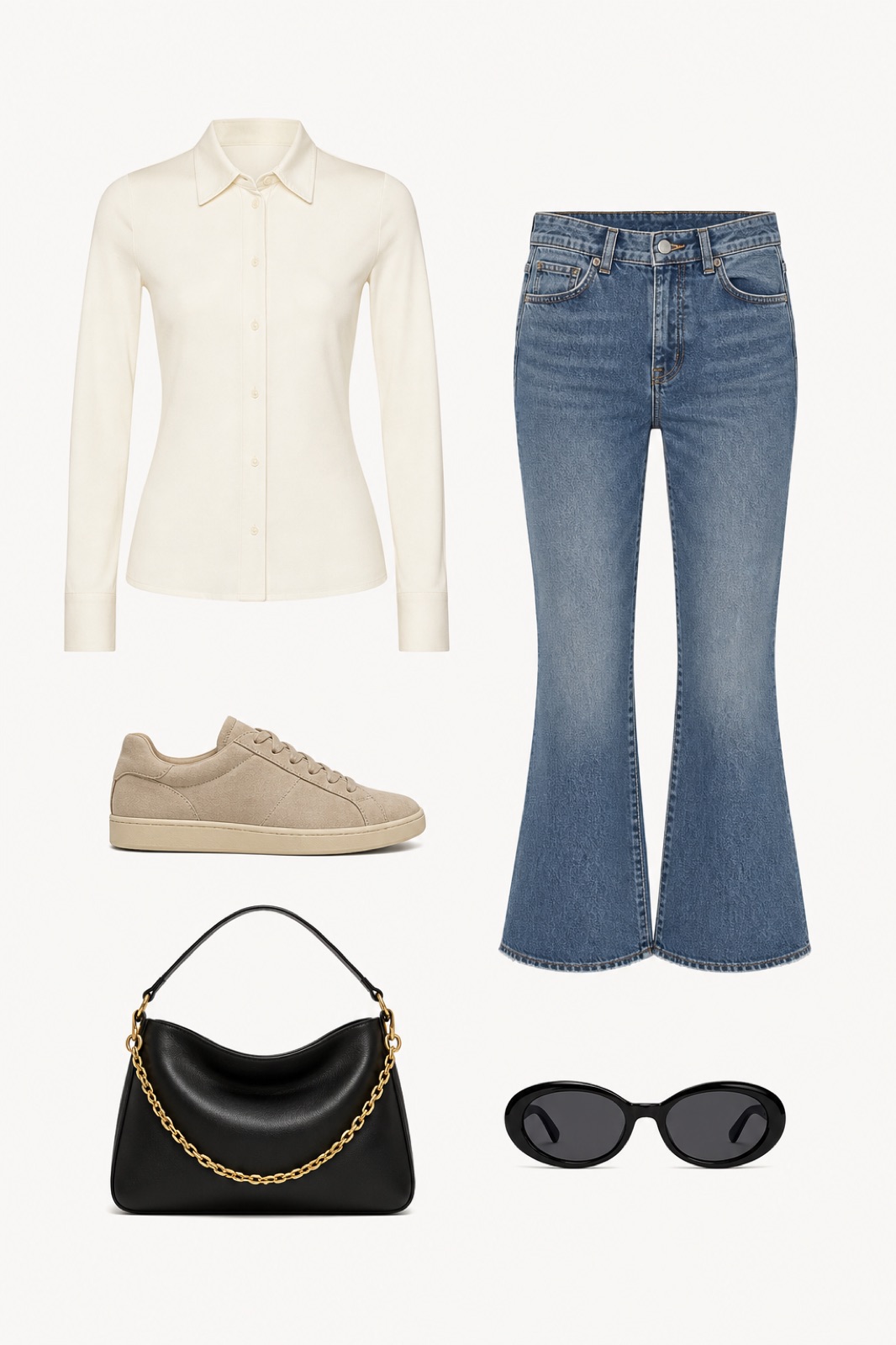 Outfit with Ivory Fitted Jersey Shirt, Blue Cropped Flared Jeans, Suede Low-Top Sneakers curated by @dopasnap