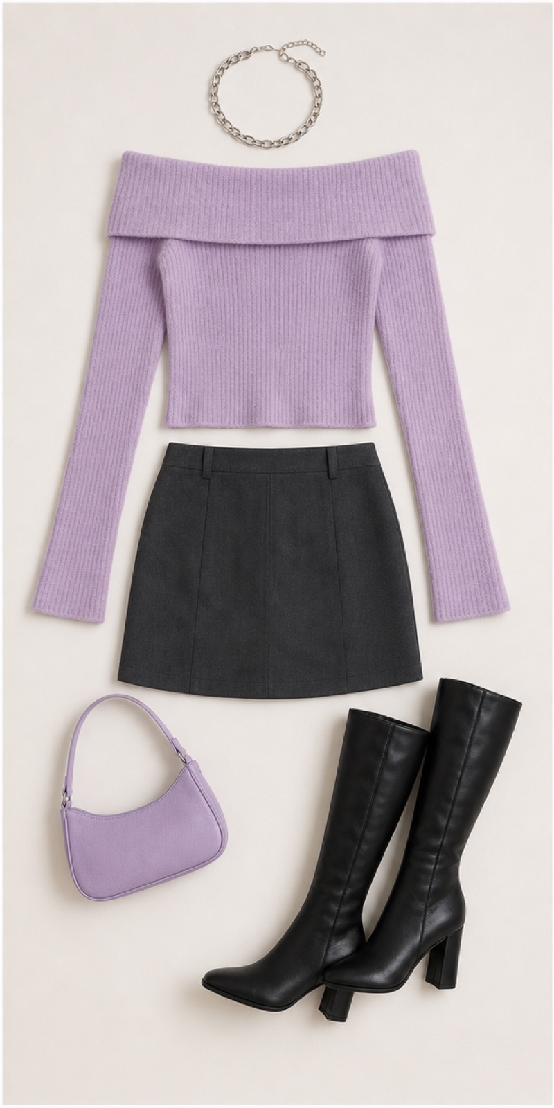 Outfit with Lavender off-shoulder knit top, Charcoal tailored mini skirt, Black knee-high boots curated by @dopasnap