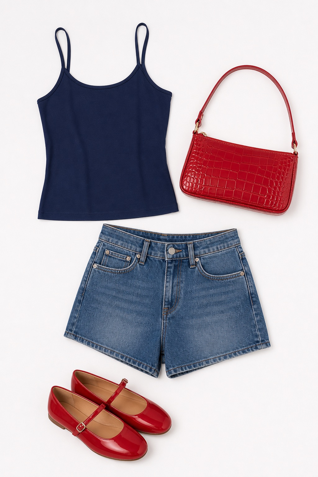 Outfit with Red Mary Jane Flats, Navy Camisole Tank Top, Red Crocodile Embossed Handbag curated by @dopasnap