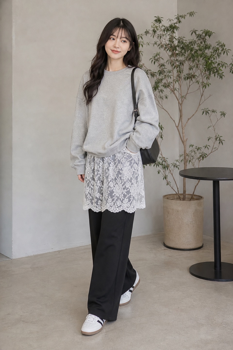 Outfit with Light gray Sweatshirt for Women Oversized Crewneck Fall Outfits, Women Y2k Lace Slip Skirt White L, Black Wide Leg Dress Work Pants for Women Business Casual Office curated by @dopasnap