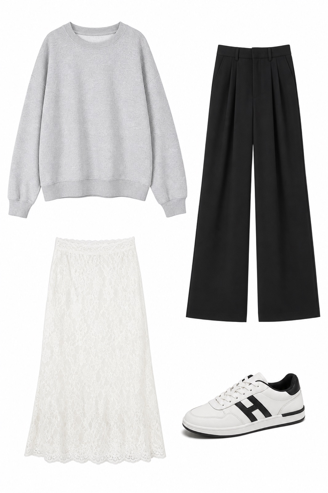 Outfit with Light gray Sweatshirt for Women Oversized Crewneck Fall Outfits, Women Y2k Lace Slip Skirt White L, Black Wide Leg Dress Work Pants for Women Business Casual Office curated by @dopasnap