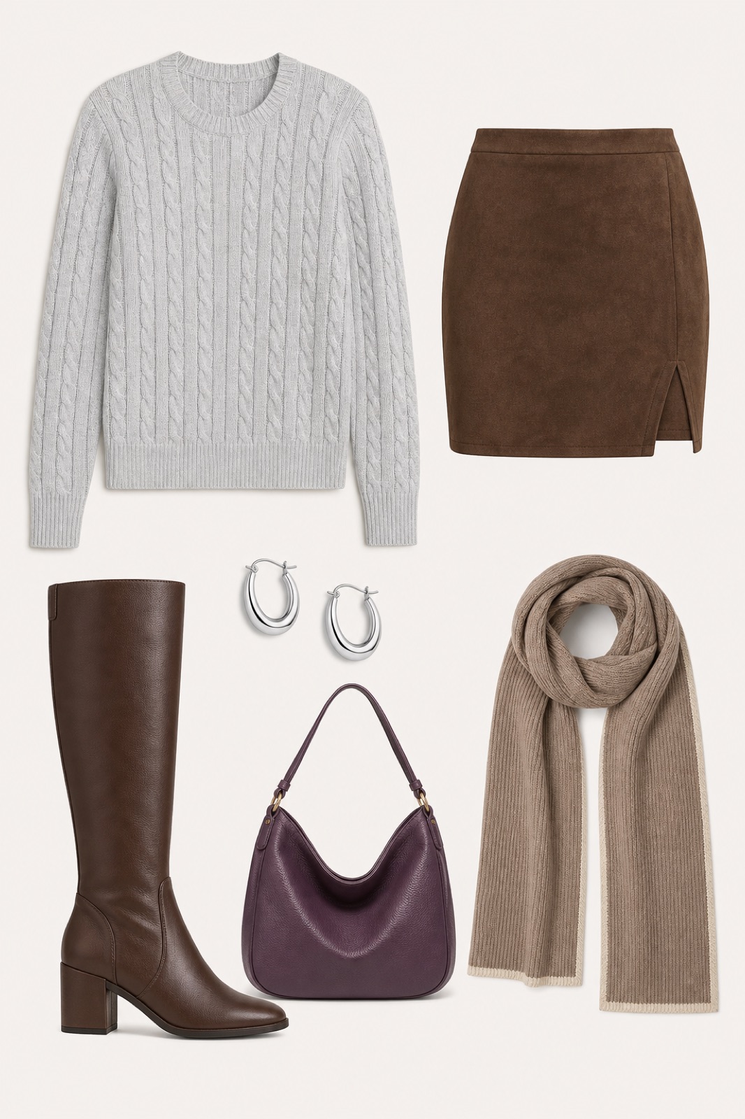 Outfit with Antique Silver Hammered Coin Disc Dangle Earrings for Women, Purple Women's Soft Vegan Leather Hobo Bag, Shoulder Handbag Purse, Taupe Fine Knitted Scarf Fall and Winter Scarf for Women and Men curated by @dopasnap