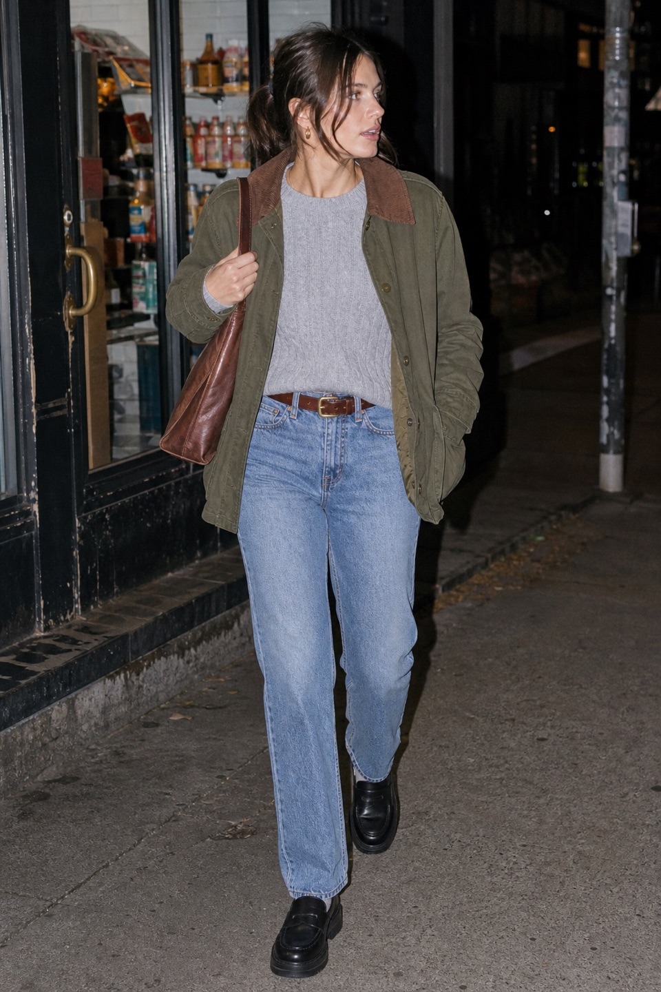 Outfit with Brown Belt women with Gold Buckle for Jeans Dress Leather Belts, Black Womens Loafers Platform Chunky Penny Loafer Office Business, Light gray Women's Regular Fit Soft Cotton Cable Knit Ribbed Crewneck curated by @dopasnap