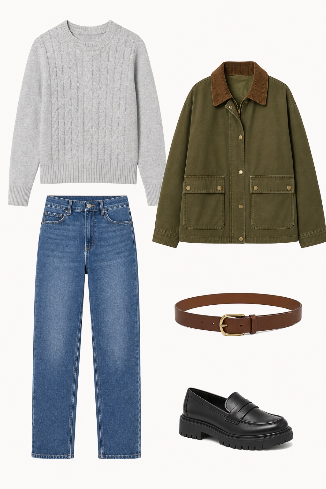 Outfit with Brown Belt women with Gold Buckle for Jeans Dress Leather Belts, Black Womens Loafers Platform Chunky Penny Loafer Office Business, Light gray Women's Regular Fit Soft Cotton Cable Knit Ribbed Crewneck curated by @dopasnap